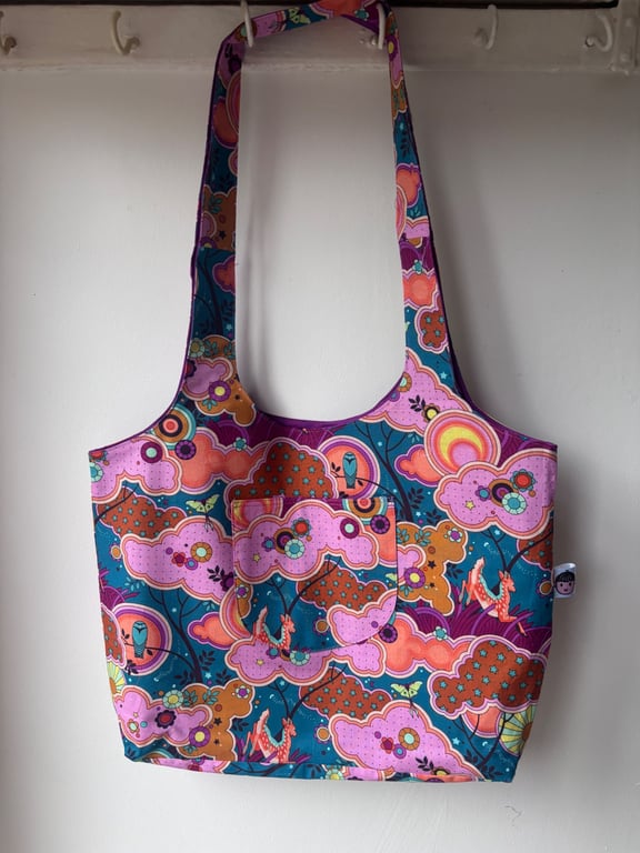 Retro Print Cotton Bag with Purple Lining – Lightweight Shoulder Tote Bag