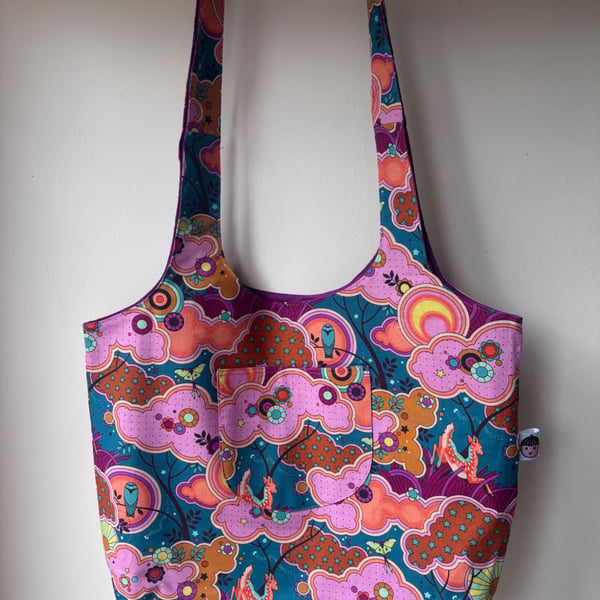 Retro Print Cotton Bag with Purple Lining – Lightweight Shoulder Tote Bag