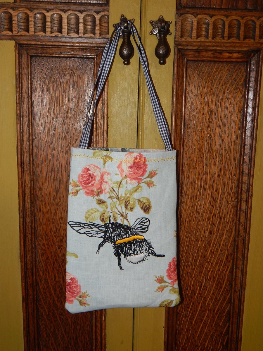 Small fabric bag with ribbon handles - Bumble Bee - 16cm x 24cm