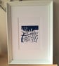 An original handprinted linoprint of a dark blue winter scene.  - Image 1