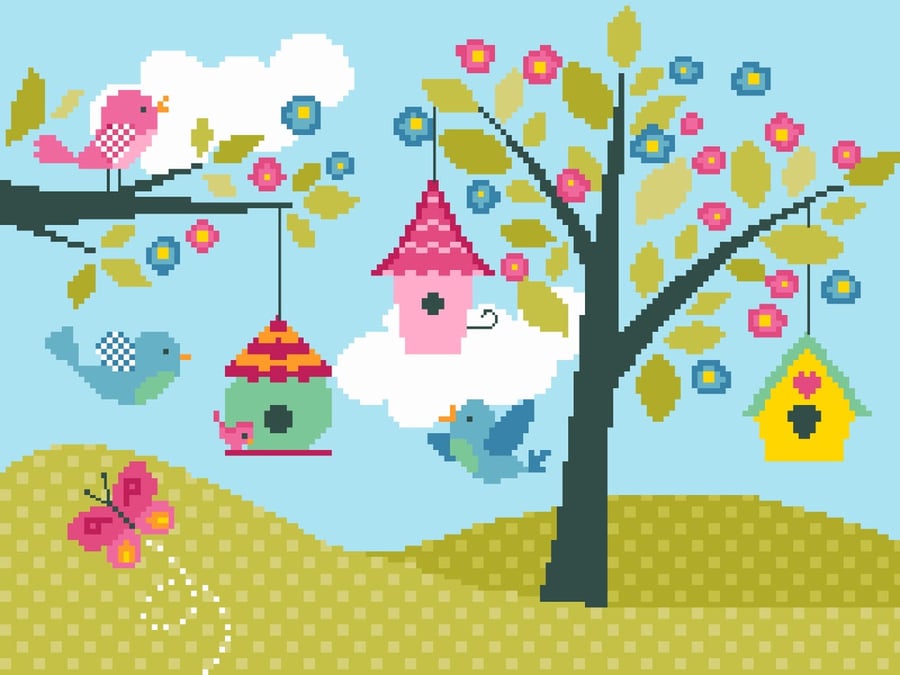 190 - Cute Bird Houses & Flower Blossom - Cross Stitch Pattern