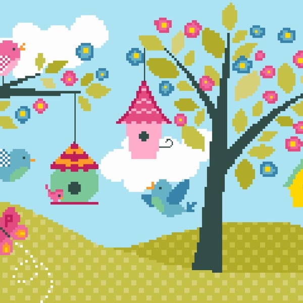 190 - Cute Bird Houses & Flower Blossom - Cross Stitch Pattern