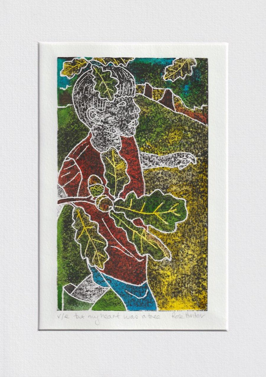 but my heart was a tree - original hand painted Lino print 001