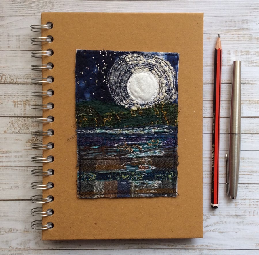 Full moon seascape Embroidered notebook. 