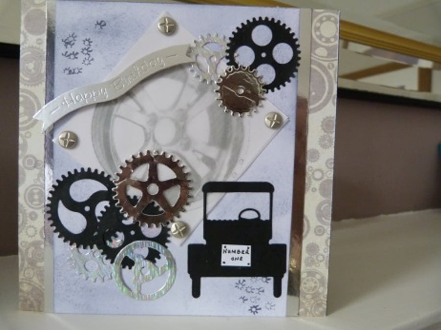 Vintage Car with Cogs Birthday Card