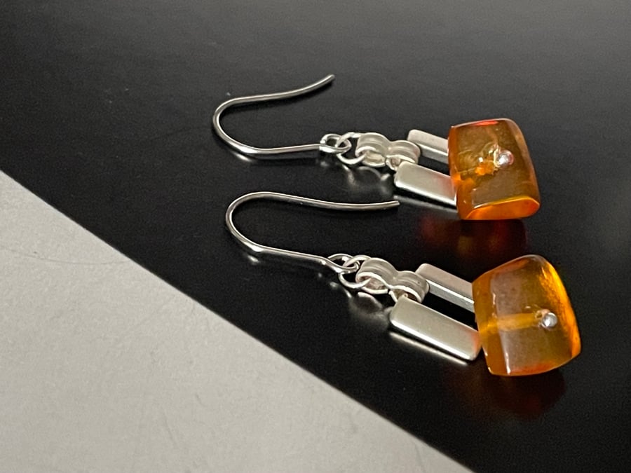 Organic Baltic honey colour amber gemstones dangling earrings