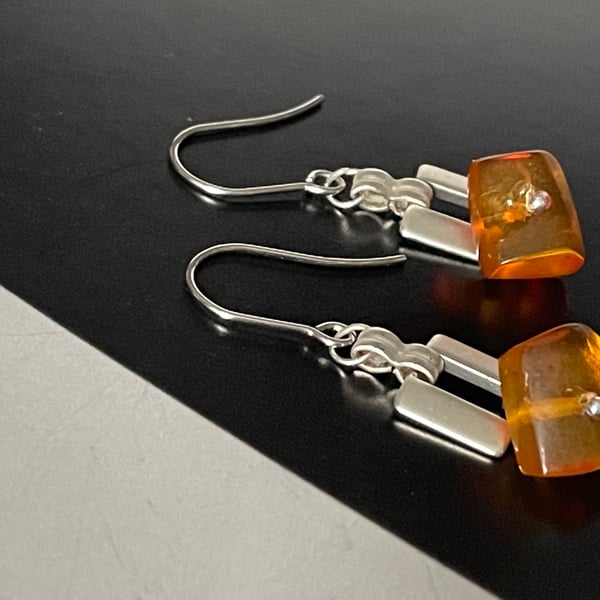 Organic Baltic honey colour amber gemstones dangling earrings