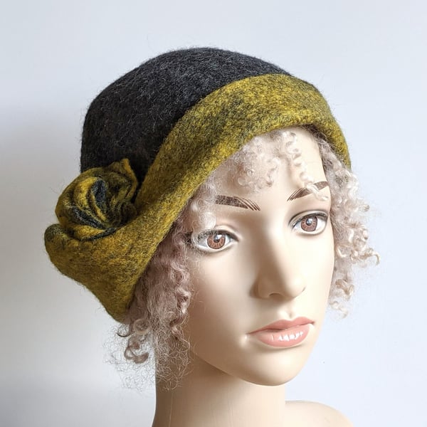 Felted wool cloche hat - tweedy grey with yellow brim 