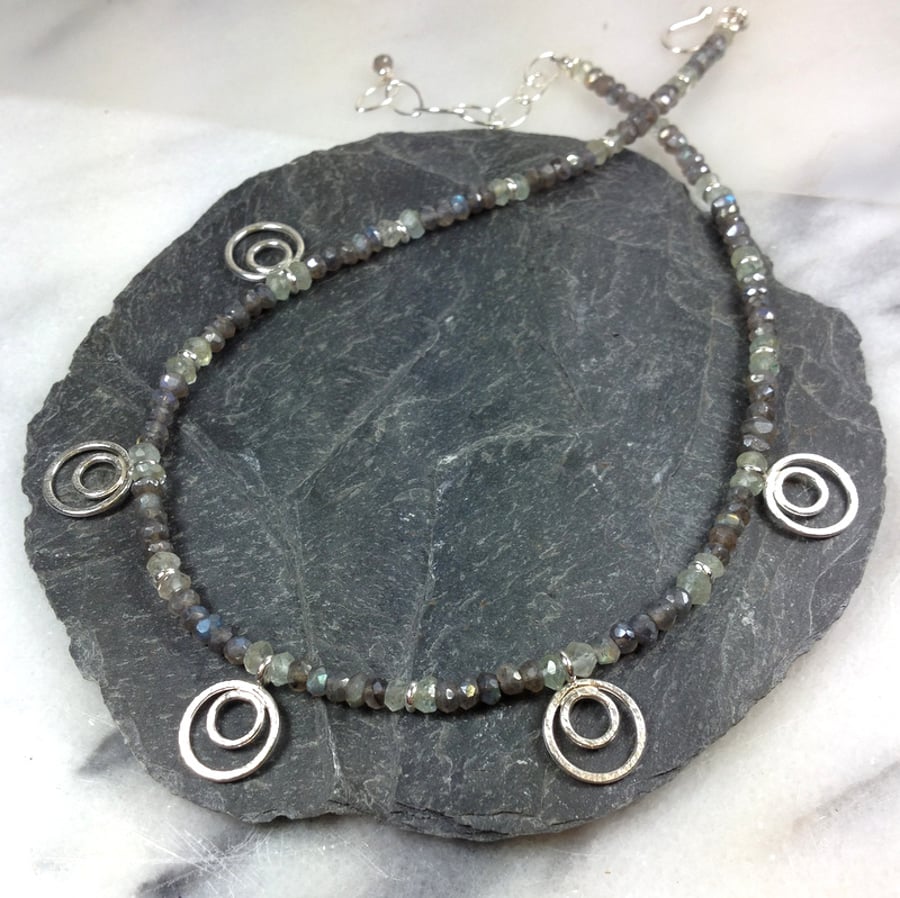 Labradorite,  aquamarine and sterling silver Peacock necklace