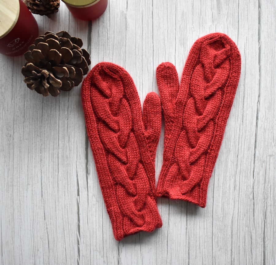 Red alpaca wool mittens, Cable knit warm winter mittens, Gift for her.