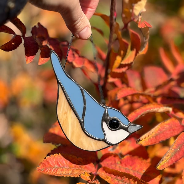 Stained Glass Nuthatch bird decoration - wildlife and garden bird lover gift