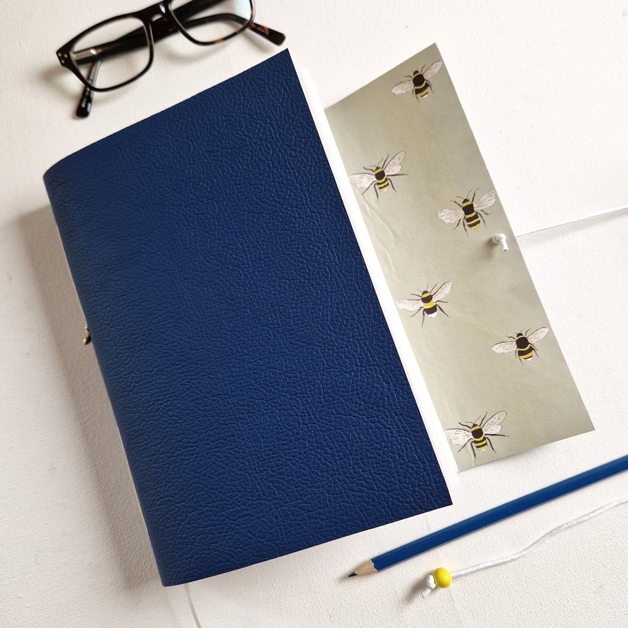 Blue Bee Journal, Denim Leather, A5 size, perfect gift for a Bee Lover