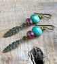 Rustic Feather Charm Earrings with Green & Pink Beads. Czech Glass Jewellery - Image 4