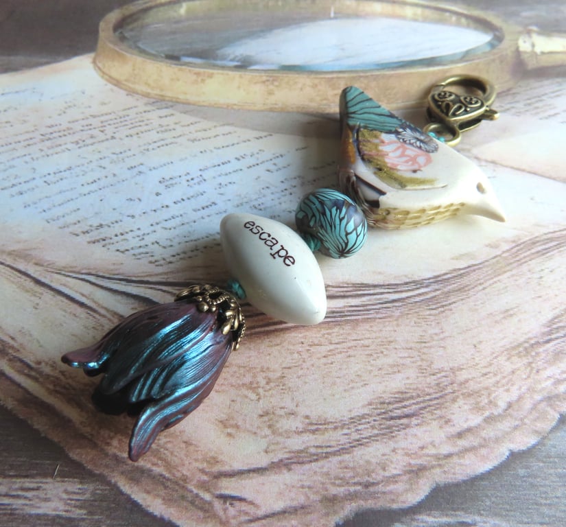 Hand Painted Bird and Flower Purse Bag Charm, One of a Kind Gift