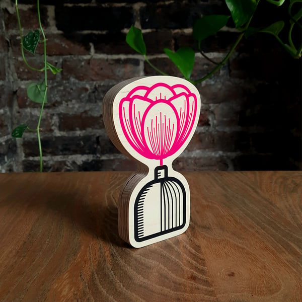 Black Pink Peony Love You Flower Ornament Handmade Wooden Scandi Hygge Birch Ply