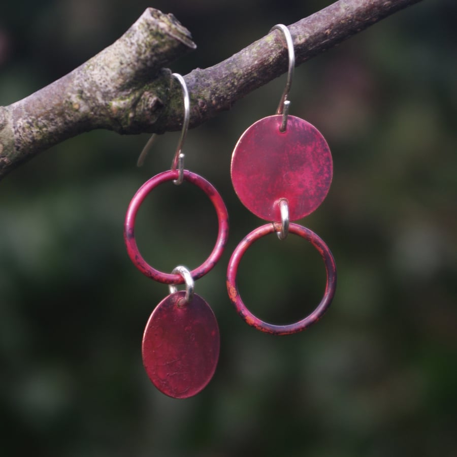  Mismatched Red Copper Circles Earrings