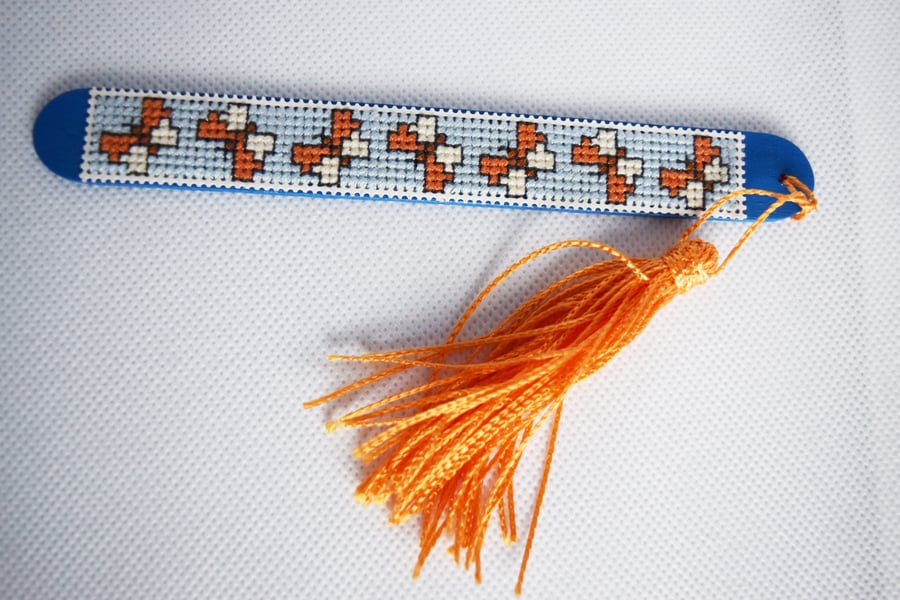 Butterflies Cross Stitched Wooden Bookmark with Yellow Tassel