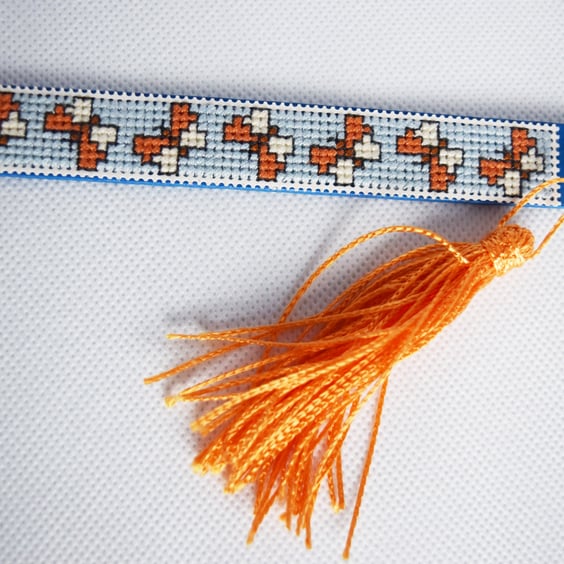 Butterflies Cross Stitched Wooden Bookmark with Yellow Tassel