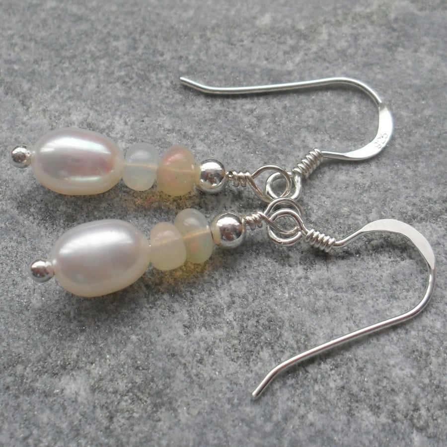 Ethiopian Opal and Freshwater Pearl Sterling Silver Earrings