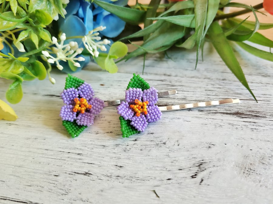 Purple Beaded Flower Hair Pins - Pair