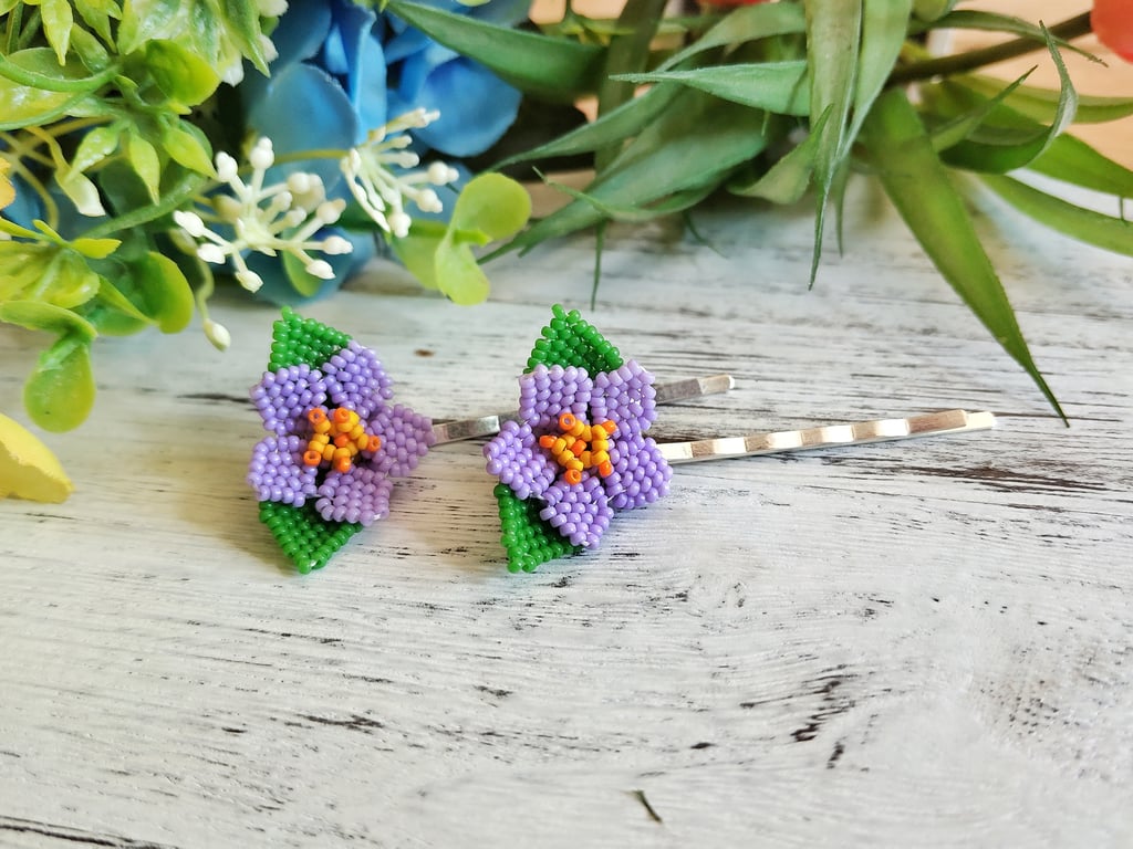 Purple Beaded Flower Hair Pins - Pair
