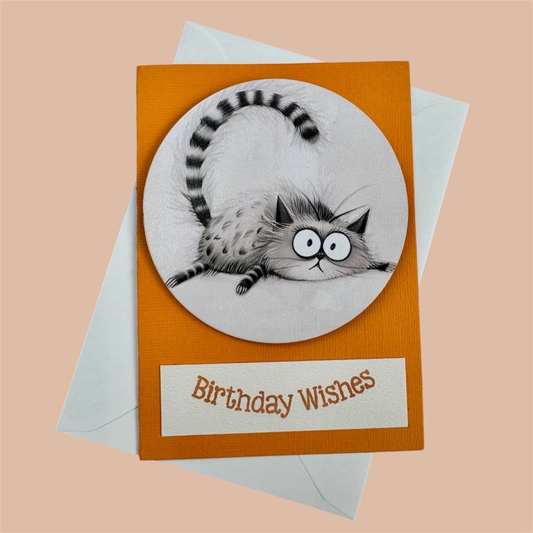 Happy Birthday Wishes card, bright and unique, with a wooden cute cat coaster. 