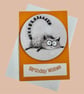 Happy Birthday Wishes card, bright and unique, with a wooden cute cat coaster. 