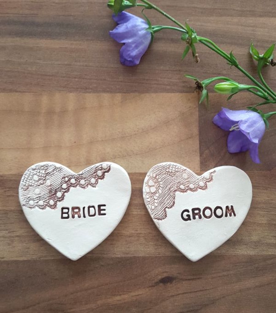 Bride & Groom Rustic Lace Hearts