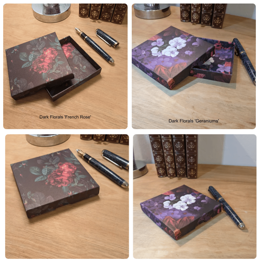 Two handmade,ultra-thin gift boxes - Dark Florals  'French Rose' and 'Geraniums'
