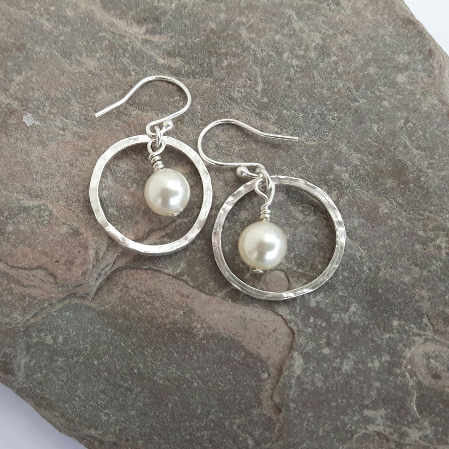 Sterling Silver Drop Earrings, Hammered Hoops with Freshwater Pearl