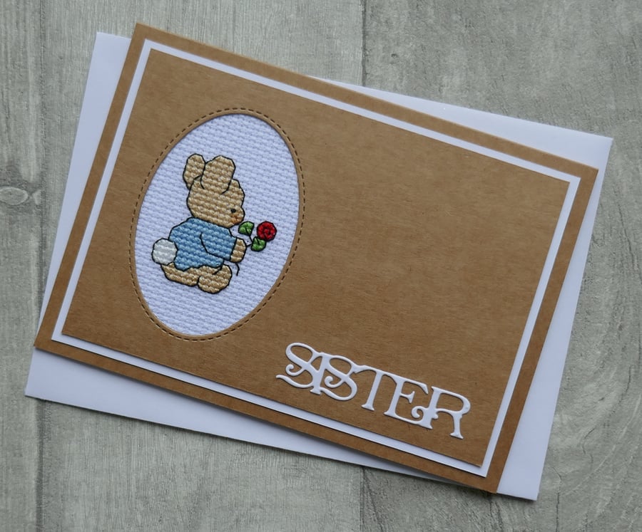 Cute Cross Stitch Bunny with Red Rose - Sister - Birthday Card