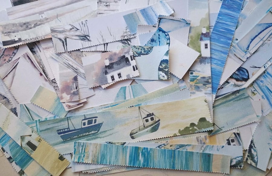 Seascape paper backed fabric offcuts for crafting - zero waste materials