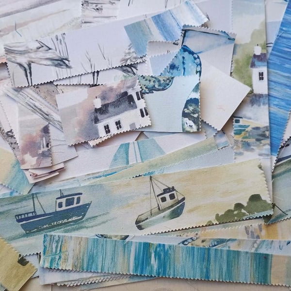 Seascape paper backed fabric offcuts for crafting - zero waste materials