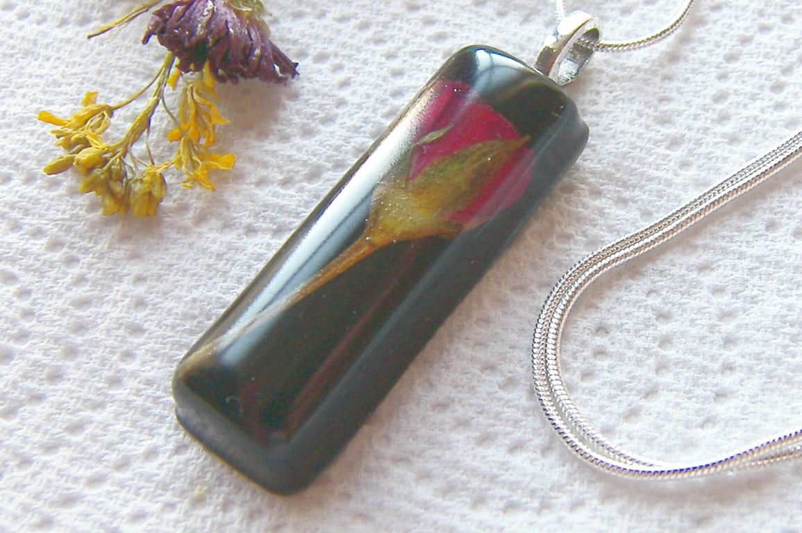Red Rose Necklace, Pressed Flower in Eco Friendly Resin