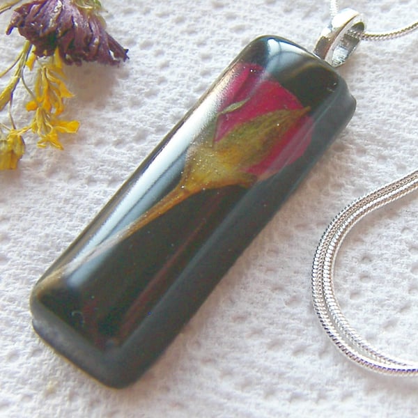 Red Rose Necklace, Pressed Flower in Eco Friendly Resin