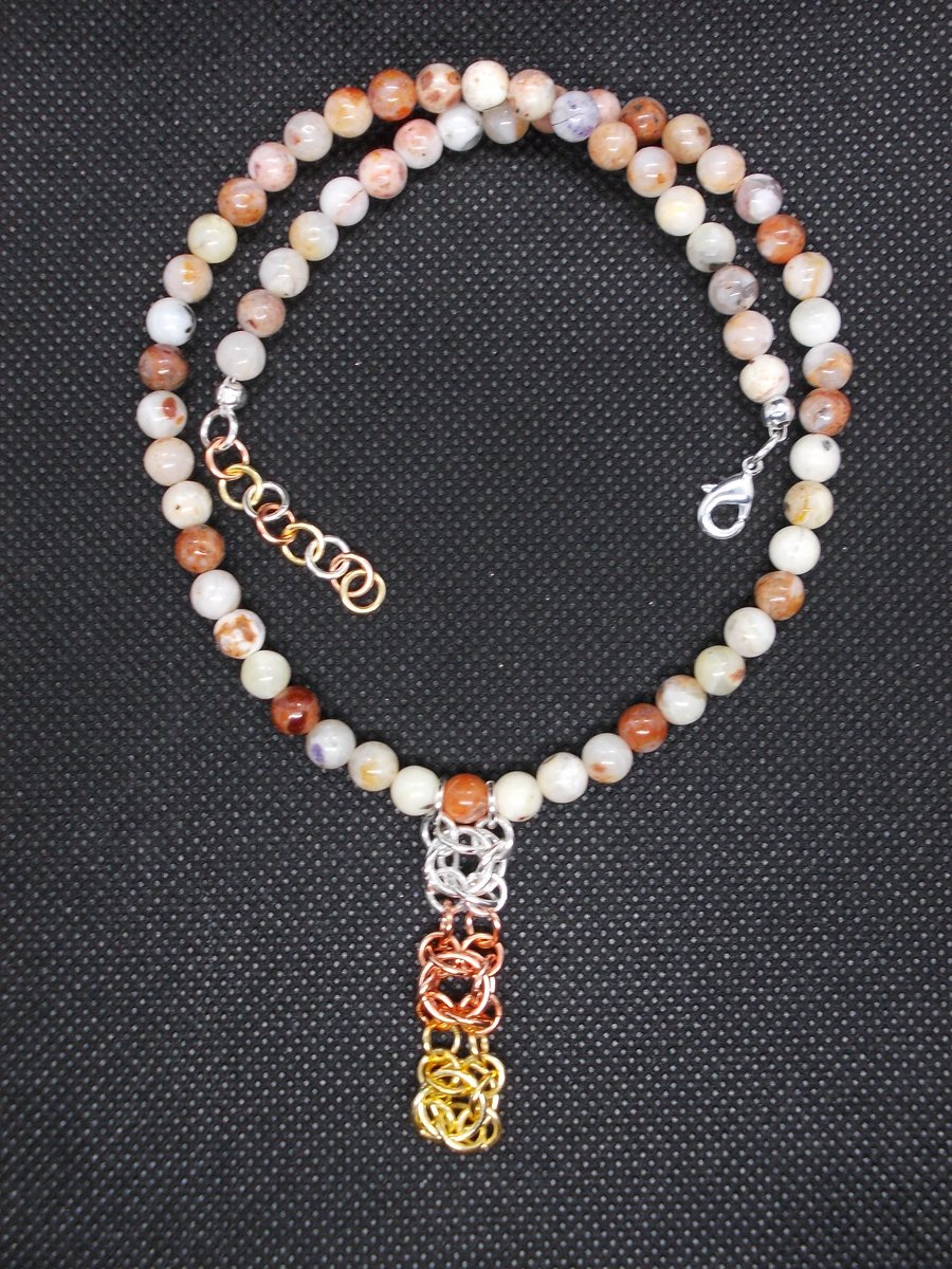 SALE - Jasper necklace with chainmaille pendant