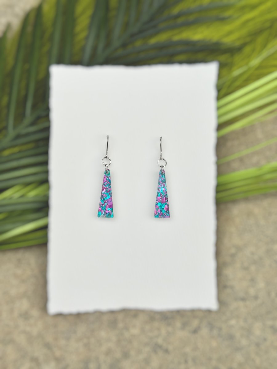 Iridescent Mosaic Trapezium Drop Earrings - Turquoise and Pink Shimmer Geometric