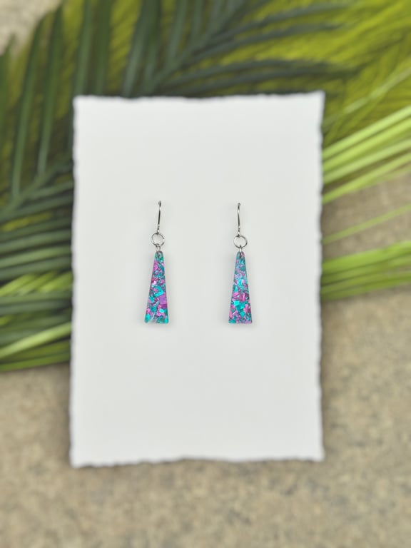Iridescent Mosaic Trapezium Drop Earrings - Turquoise and Pink Shimmer Geometric