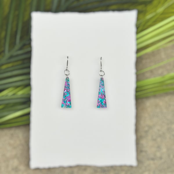 Iridescent Mosaic Trapezium Drop Earrings - Turquoise and Pink Shimmer Geometric