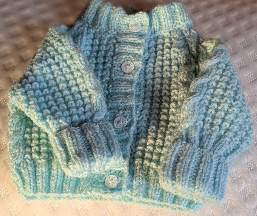 14" Premature baby cardigan, in a subtle mint green