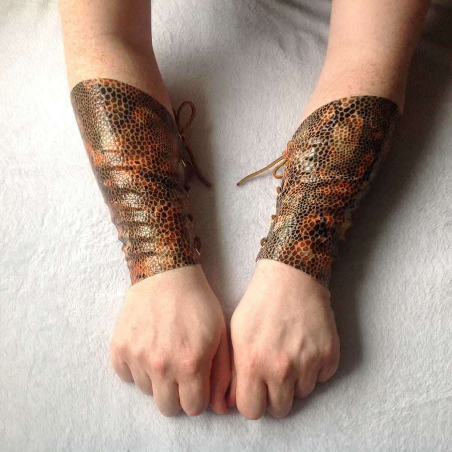 Large Pair, Orange & Brown Snakeskin Patterned Leather Bracers