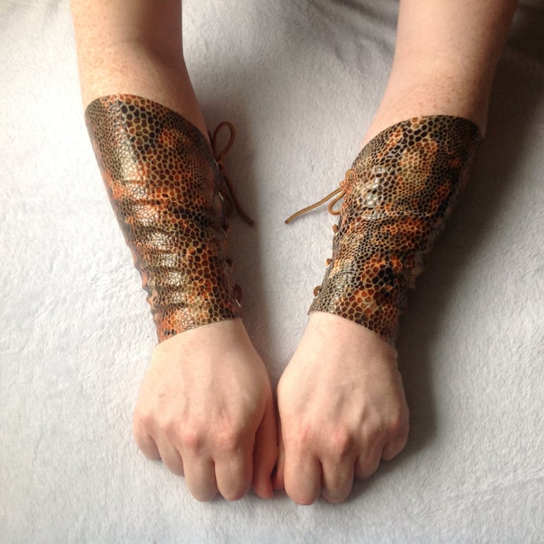 Large Pair, Orange & Brown Snakeskin Patterned Leather Bracers