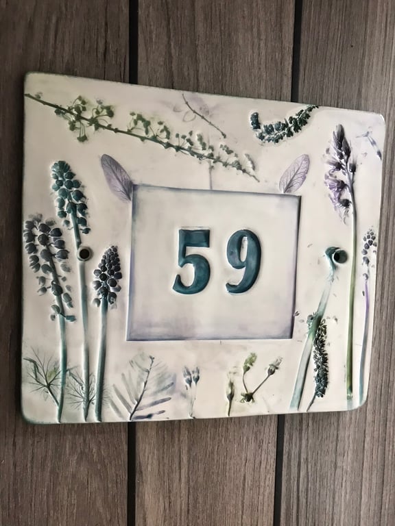 Door number or house name sign ceramic botanical nature flowers leaves impressed