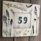 Door number or house name sign ceramic botanical nature flowers leaves impressed