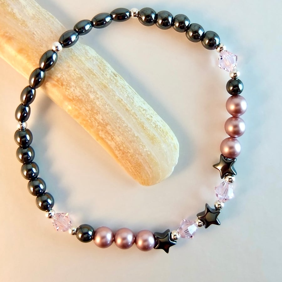 Hematite, Silver & Pink Swarovski Crystal And Pearl Bracelet - Handmade In Devon