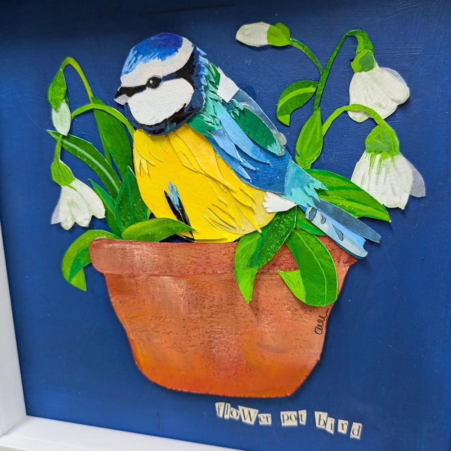 Original framed collage painting blue tit bird