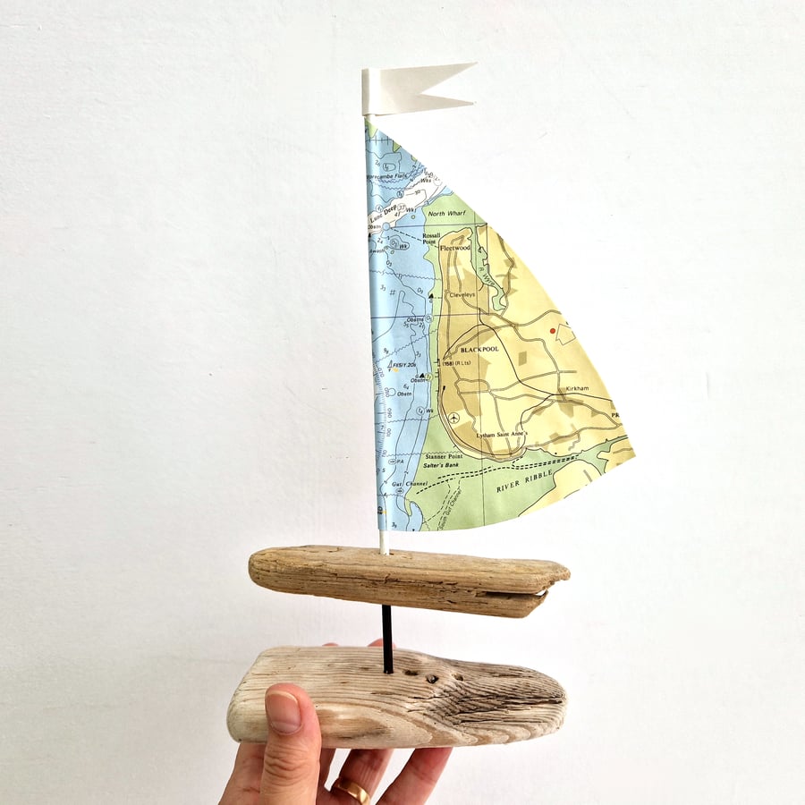 Blackpool, Fleetwood driftwood sailboat ornament, authentic nautical map sail