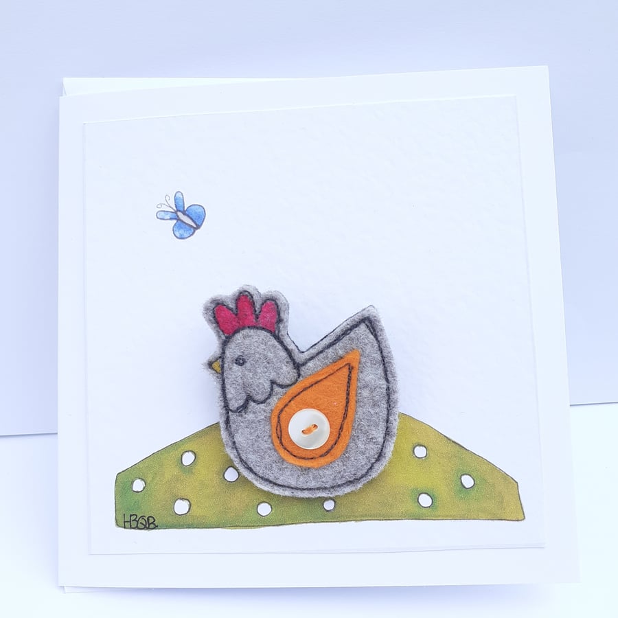 Water Colour Print Card with a Cute Handmade Chicken Brooch