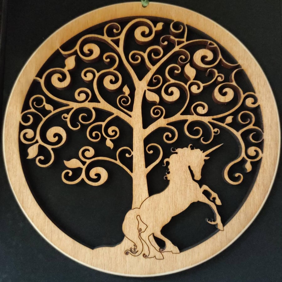 Unicorn and Fantasy Tree - large wooden wall hanging