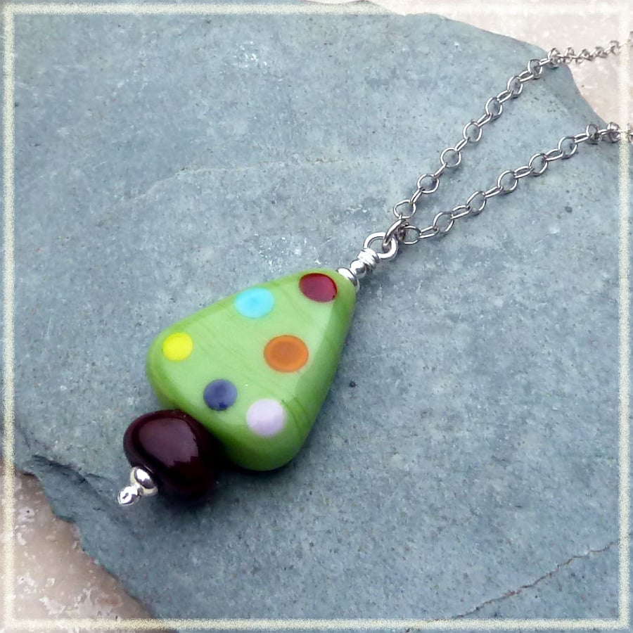 Christmas Tree Lampwork Glass Bead and Sterling Silver Pendant - PEN035